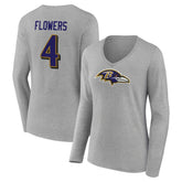 Zay Flowers Baltimore Ravens Women's Icon Player Name & Number Long Sleeve V-Neck T-Shirt Gray