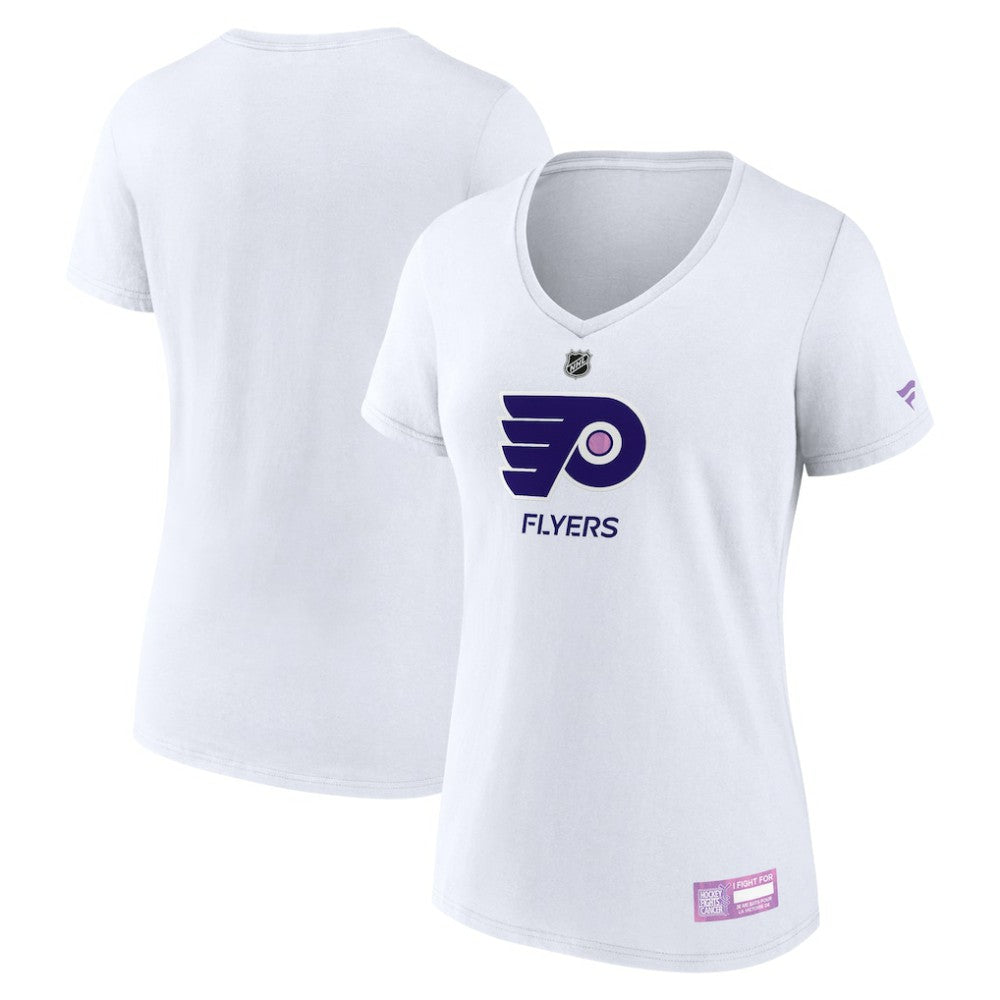 Philadelphia Flyers Fanatics Women's 2024 Hockey Fights Cancer V-Neck T-Shirt - White - NHL 201204252