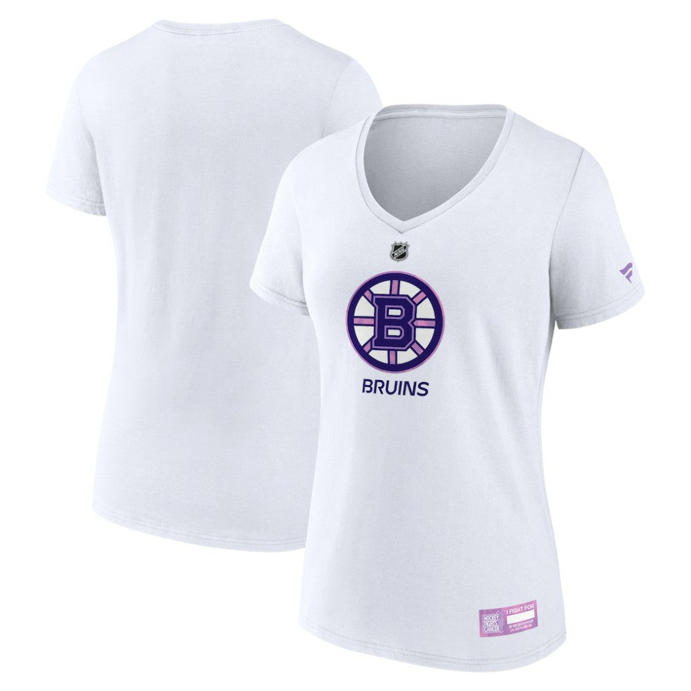 Boston Bruins Fanatics Women's 2024 Hockey Fights Cancer V-Neck T-Shirt - White - NHL 201204272