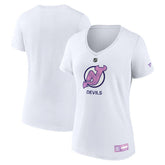 New Jersey Devils Fanatics Women's 2024 Hockey Fights Cancer V-Neck T-Shirt - White - NHL 201204282