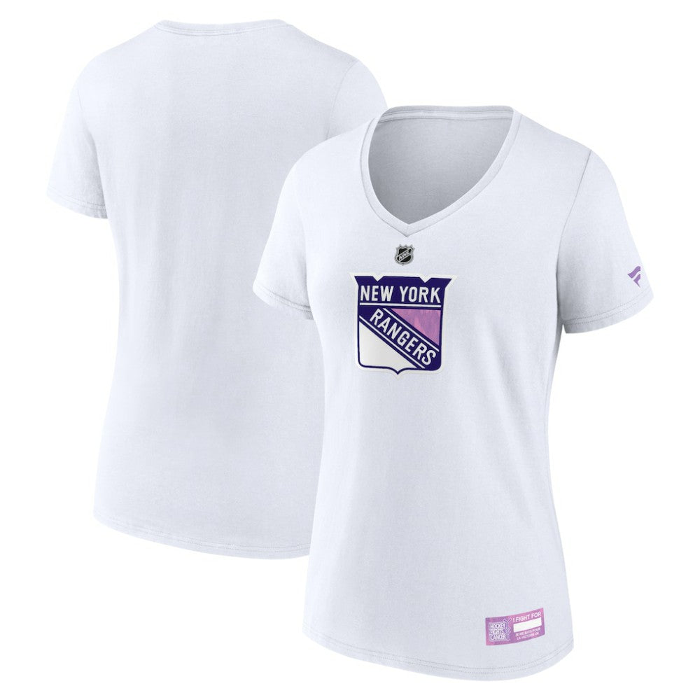 New York Rangers Fanatics Women's 2024 Hockey Fights Cancer V-Neck T-Shirt - White - NHL 201204283