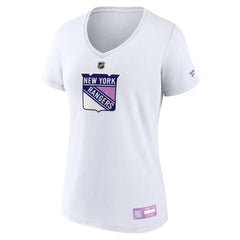New York Rangers Fanatics Women's 2024 Hockey Fights Cancer V-Neck T-Shirt - White - NHL 201204283
