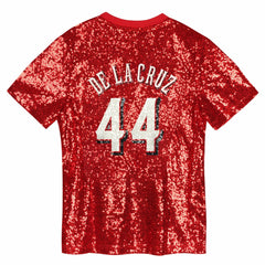 Elly De La Cruz Cincinnati Reds Juniors Name & Number Sequin V-Neck Top - Red - MLB Lifestyle