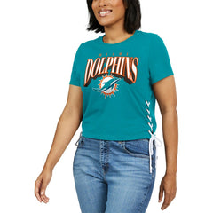 Miami Dolphins WEAR by Erin Andrews Women's Lace Up Side Modest Cropped T-Shirt Aqua