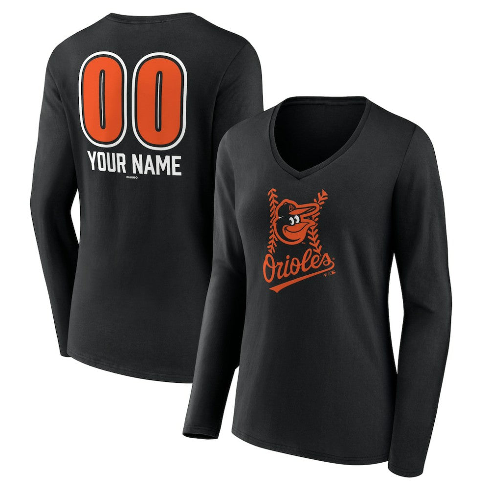 Baltimore Orioles Women's Personalized Name & Number Fastball Long Sleeve V-Neck T-Shirt - Black - MLB Sale