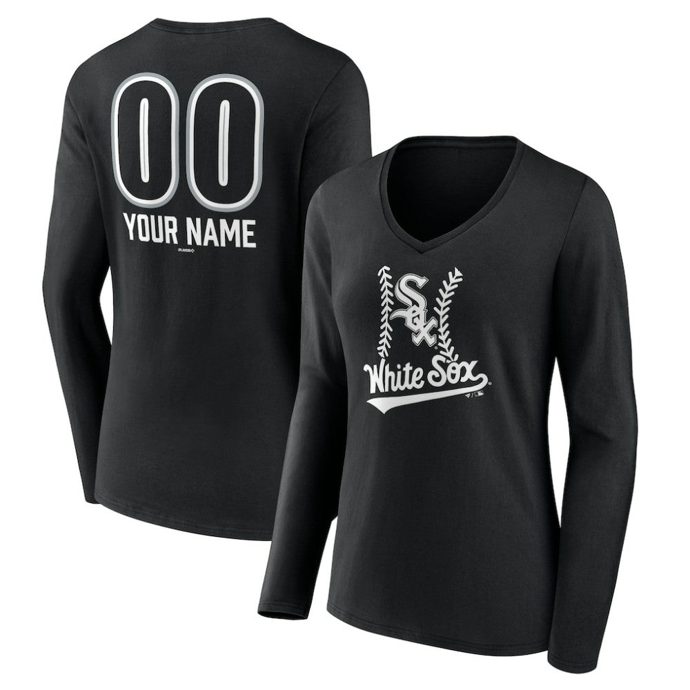 Chicago White Sox Women's Personalized Name & Number Fastball Long Sleeve V-Neck T-Shirt - Black - MLB Lifestyle