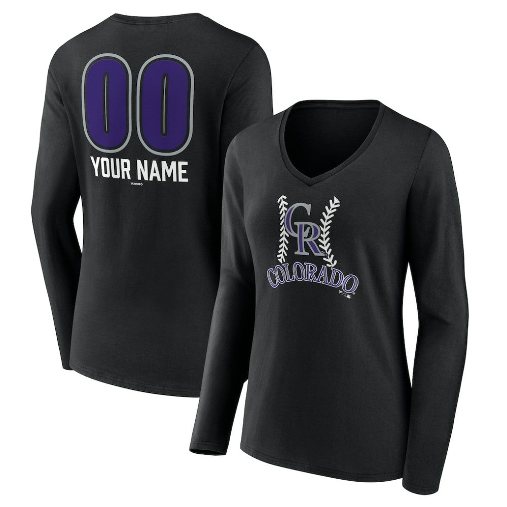 Colorado Rockies Women's Personalized Name & Number Fastball Long Sleeve V-Neck T-Shirt - Black - MLB Sale
