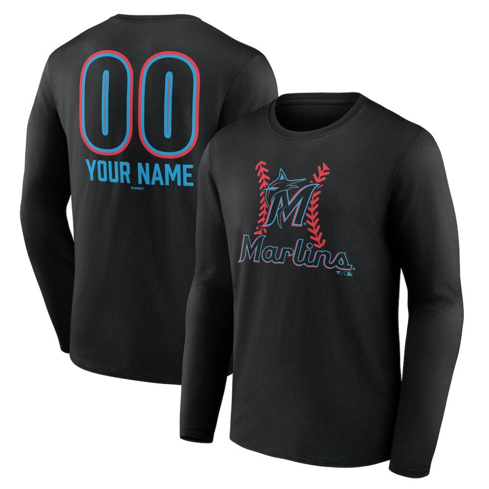 Miami Marlins Personalized Name & Number Fastball Long Sleeve T-Shirt - Black - MLB Sale