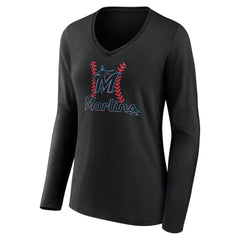 Miami Marlins Women's Personalized Name & Number Fastball Long Sleeve V-Neck T-Shirt - Black - MLB Discount
