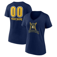 Milwaukee Brewers Women's Personalized Name & Number Fastball V-Neck T-Shirt - Navy - MLB Discount