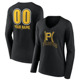 Pittsburgh Pirates Women's Personalized Name & Number Fastball Long Sleeve V-Neck T-Shirt - Black - MLB Sale