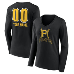 Pittsburgh Pirates Women's Personalized Name & Number Fastball Long Sleeve V-Neck T-Shirt - Black - MLB Sale