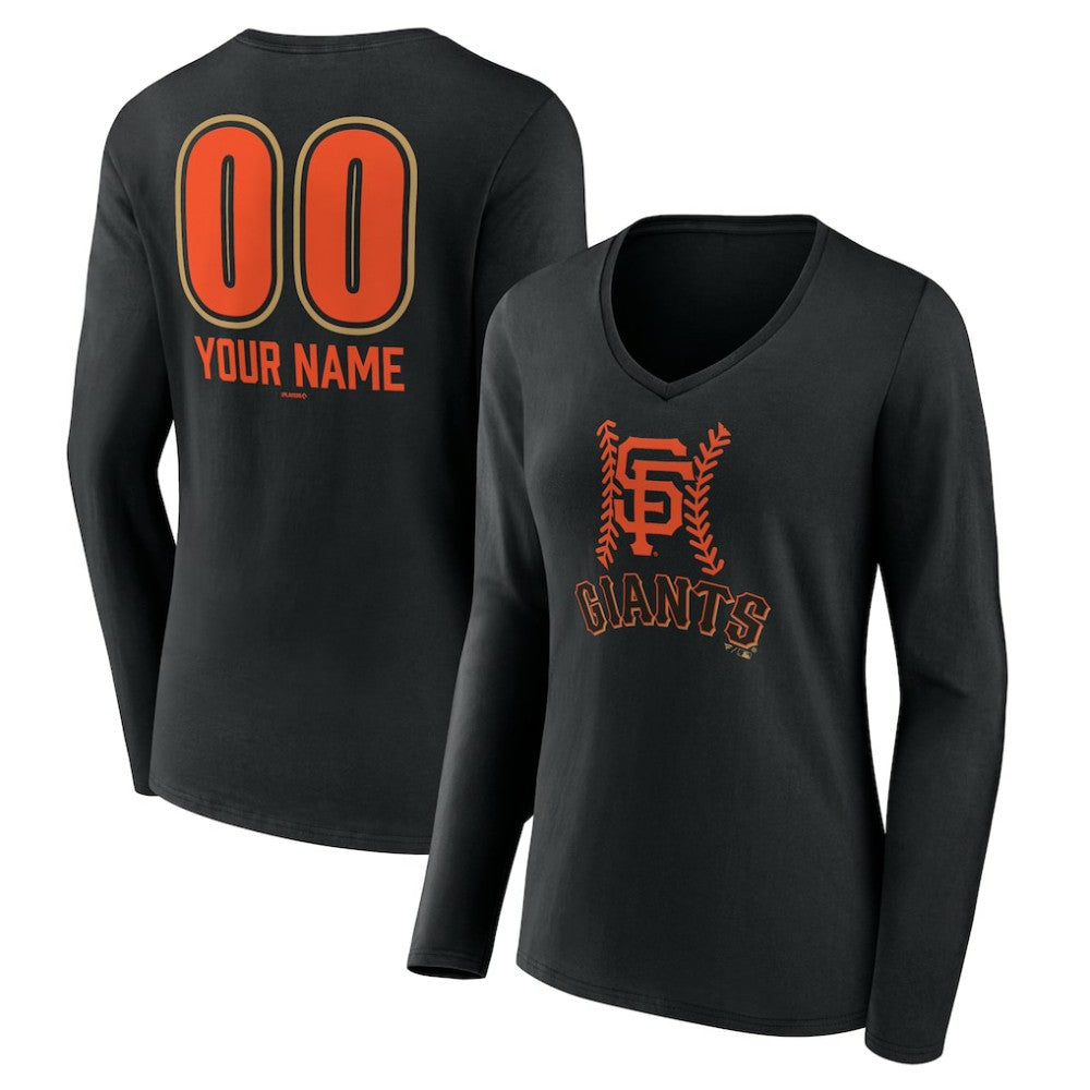 San Francisco Giants Women's Personalized Name & Number Fastball Long Sleeve V-Neck T-Shirt - Black - MLB Sale