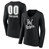 Los Angeles Dodgers Women's Personalized Name & Number Fastball Long Sleeve V-Neck T-Shirt - Black - MLB Discount