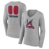 Atlanta Braves Women's Personalized Name & Number Fastball Long Sleeve V-Neck T-Shirt - Gray - MLB on Sale