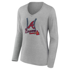 Atlanta Braves Women's Personalized Name & Number Fastball Long Sleeve V-Neck T-Shirt - Gray - MLB on Sale