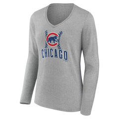 Chicago Cubs Women's Personalized Name & Number Fastball Long Sleeve V-Neck T-Shirt - Gray - MLB Lifestyle