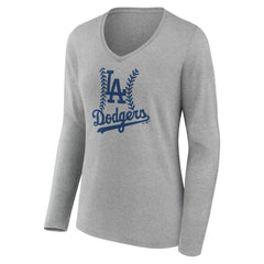 Los Angeles Dodgers Women's Personalized Name & Number Fastball Long Sleeve V-Neck T-Shirt - Gray - MLB Lifestyle