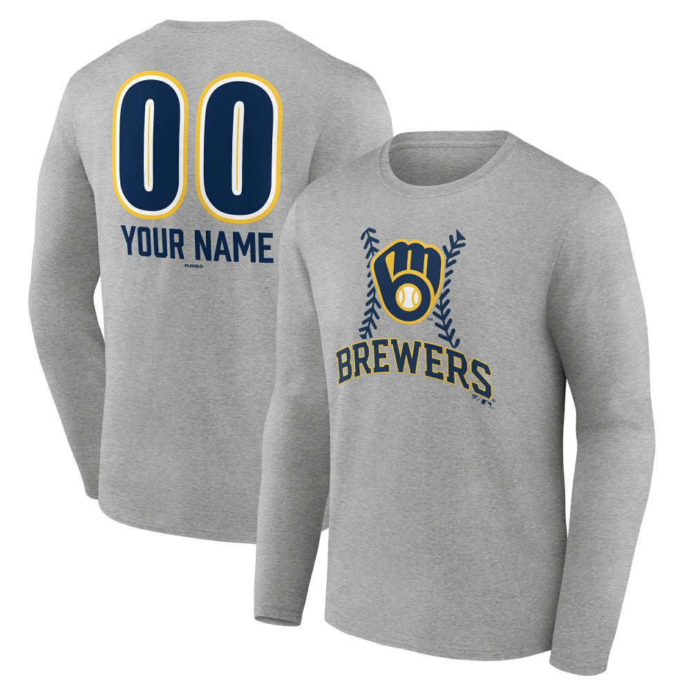 Milwaukee Brewers Personalized Name & Number Fastball Long Sleeve T-Shirt - Gray - MLB Discount