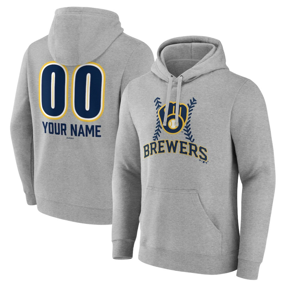Milwaukee Brewers Personalized Name & Number Fastball Pullover Hoodie - Gray - MLB Discount