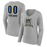 Milwaukee Brewers Women's Personalized Name & Number Fastball Long Sleeve V-Neck T-Shirt - Gray - MLB Lifestyle