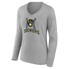 Milwaukee Brewers Women's Personalized Name & Number Fastball Long Sleeve V-Neck T-Shirt - Gray - MLB Lifestyle