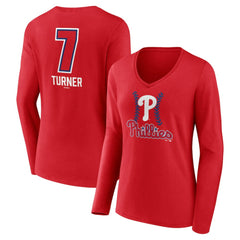 Trea Turner Philadelphia Phillies Women's Fastball Player Name & Number Long Sleeve V-Neck T-Shirt - Red - MLB Lifestyle