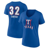 Evan Carter Texas Rangers Women's Fastball Player Name & Number V-Neck T-Shirt - Royal - MLB Lifestyle