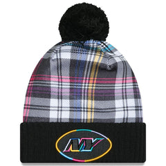 New York Jets New Era Youth 2024 NFL Crucial Catch Plaid Cuffed Pom Knit Hat Black