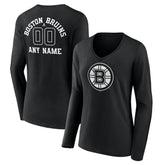 Boston Bruins Women's Personalized Name & Number Monochrome Long Sleeve V-Neck T-Shirt - Black - NHL 201281431