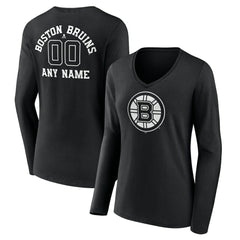 Boston Bruins Women's Personalized Name & Number Monochrome Long Sleeve V-Neck T-Shirt - Black - NHL 201281431