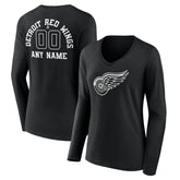 Detroit Red Wings Women's Personalized Name & Number Monochrome Long Sleeve V-Neck T-Shirt - Black - NHL 201281479
