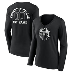 Edmonton Oilers Women's Personalized Name & Number Monochrome Long Sleeve V-Neck T-Shirt - Black - NHL 201281485