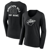 Minnesota Wild Women's Personalized Name & Number Monochrome Long Sleeve V-Neck T-Shirt - Black - NHL 201281503