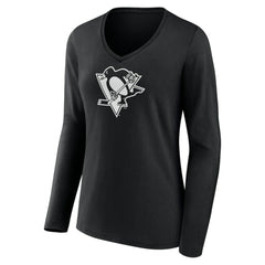 Pittsburgh Penguins Women's Personalized Name & Number Monochrome Long Sleeve V-Neck T-Shirt - Black - NHL 201281551