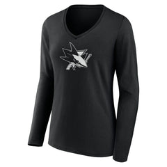 San Jose Sharks Women's Personalized Name & Number Monochrome Long Sleeve V-Neck T-Shirt - Black - NHL 201281557