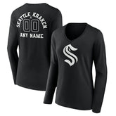 Seattle Kraken Women's Personalized Name & Number Monochrome Long Sleeve V-Neck T-Shirt - Black - NHL 201281563