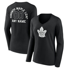 Toronto Maple Leafs Women's Personalized Name & Number Monochrome Long Sleeve V-Neck T-Shirt - Black - NHL 201281581