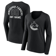 Vancouver Canucks Women's Personalized Name & Number Monochrome Long Sleeve V-Neck T-Shirt - Black - NHL 201281587