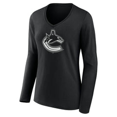 Vancouver Canucks Women's Personalized Name & Number Monochrome Long Sleeve V-Neck T-Shirt - Black - NHL 201281587