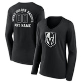 Vegas Golden Knights Women's Personalized Name & Number Monochrome Long Sleeve V-Neck T-Shirt - Black - NHL 201281593