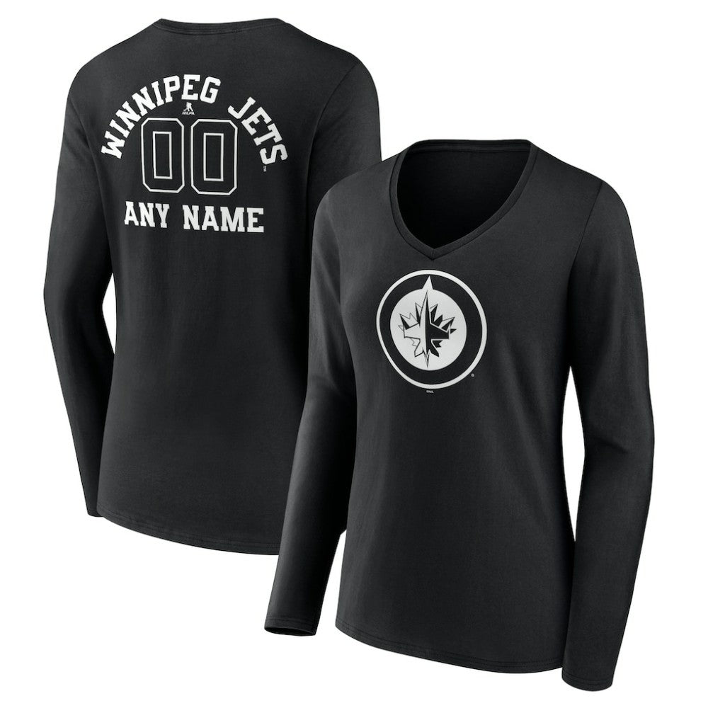 Winnipeg Jets Women's Personalized Name & Number Monochrome Long Sleeve V-Neck T-Shirt - Black - NHL 201281605