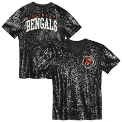 Cincinnati Bengals Girls Youth Wordmark Sequin V-Neck Top Black