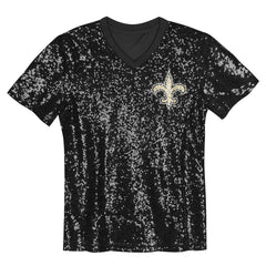 New Orleans Saints Girls Youth Wordmark Sequin V-Neck Top Black