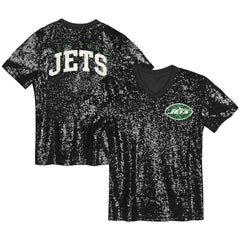 New York Jets Girls Youth Wordmark Sequin V-Neck Top Black
