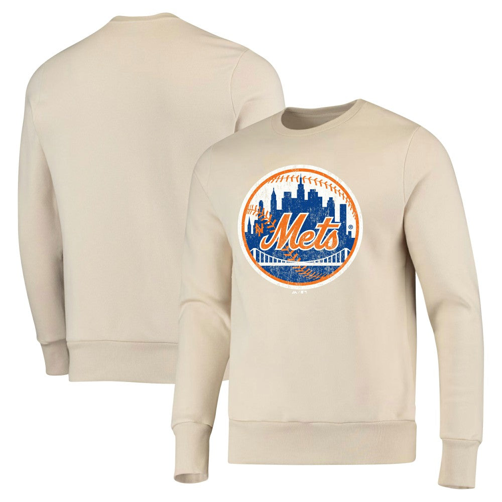 New York Mets Majestic Threads Fleece Pullover Sweatshirt - Oatmeal - MLB Sale