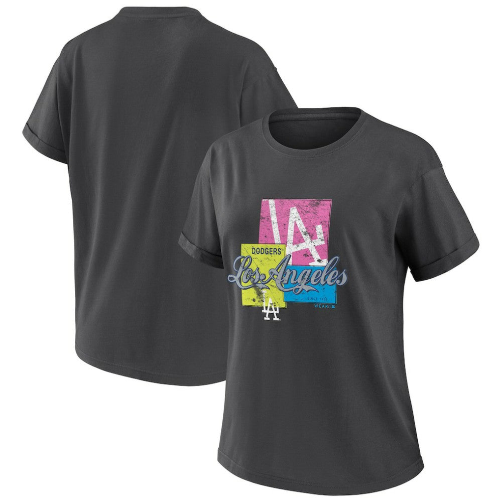 Los Angeles Dodgers WEAR by Erin Andrews Women's Domestic Box Color Boyfriend T-Shirt - Charcoal - MLB Sale