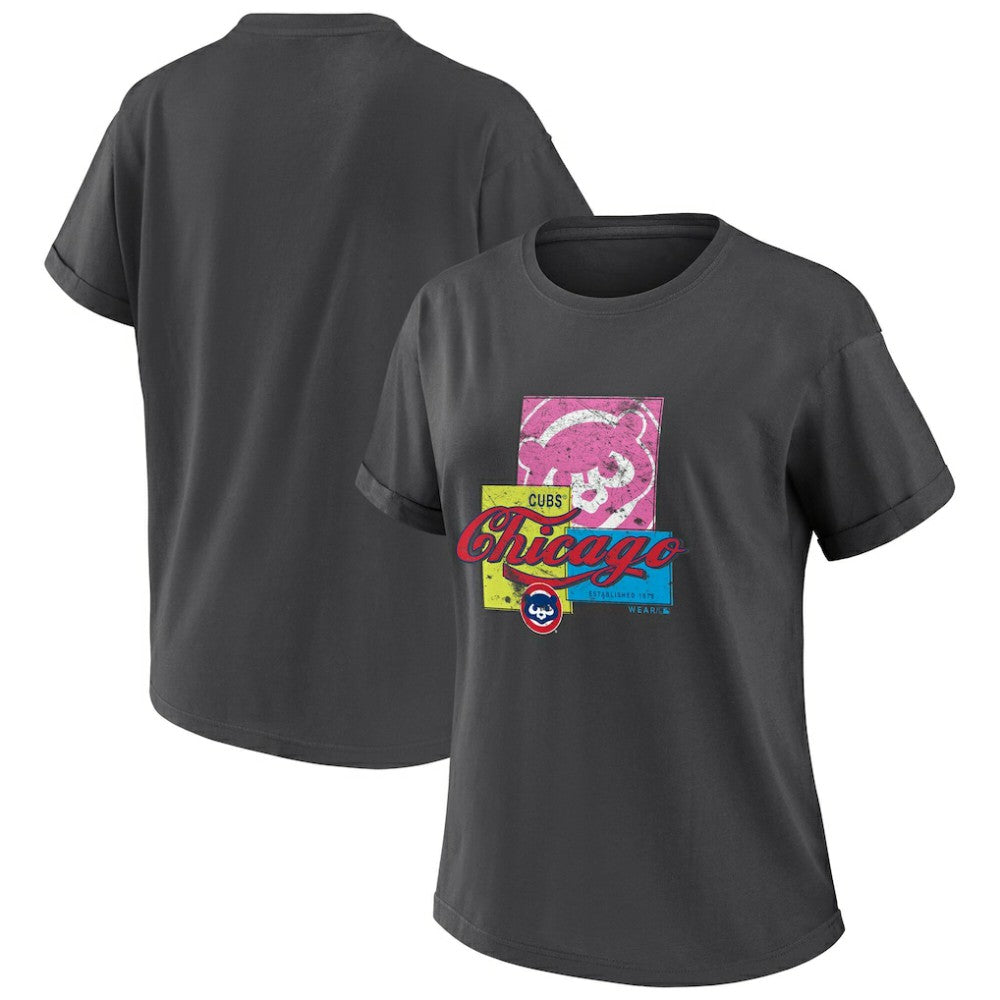 Chicago Cubs WEAR by Erin Andrews Women's Domestic Box Color Boyfriend T-Shirt - Charcoal - MLB Lifestyle