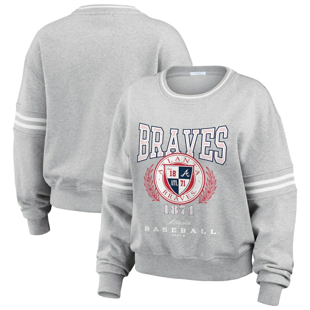 Atlanta Braves WEAR by Erin Andrews Women's Domestic Crest Pullover Sweatshirt - Heather Gray - MLB Lifestyle