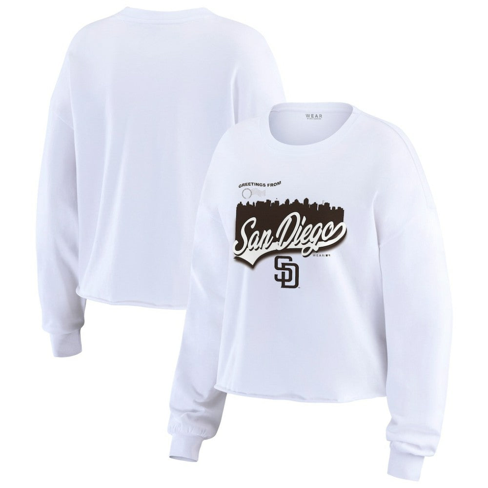 San Diego Padres WEAR by Erin Andrews Women's Domestic Postcard Long Sleeve T-Shirt - White - MLB Lifestyle